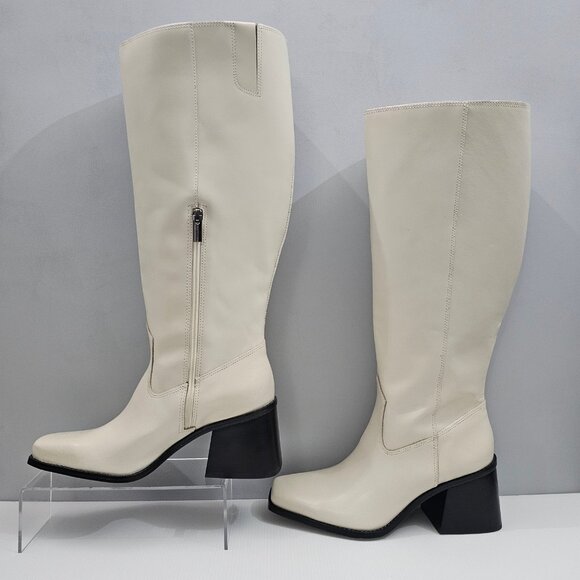 Vince Camuto Sangeti Knee High Boot Womens 9 WIDE Ivory Cream Leather Block Heel - Picture 2 of 16